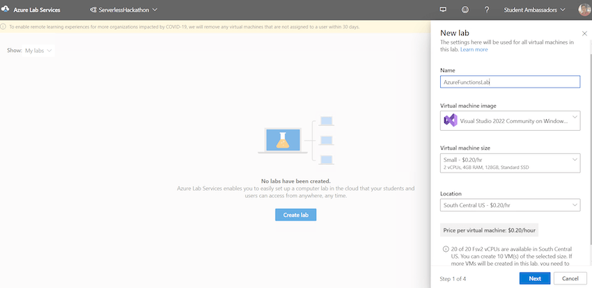 Create a lab in labs.azure.com.